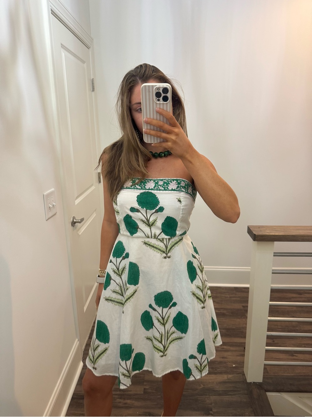 Sue Sartor Tie Back Strapless Sundress Green White Marigold Block Print